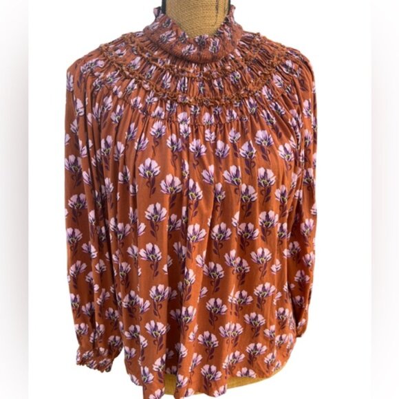 Bohme Smocked Relaxed Fit Oversized Stretch Floral Print Top Flowing Size Small - Picture 1 of 12